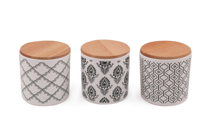 Hermia Juego de Cajas de Cerámica con Tapas de Madera Blanco y Negro